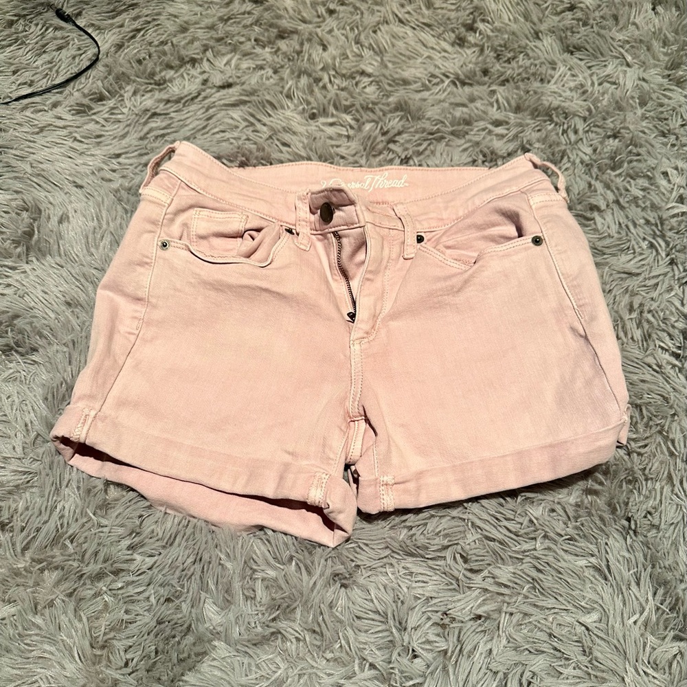 High waisted Pink Jean Shorts with Rolled Hem